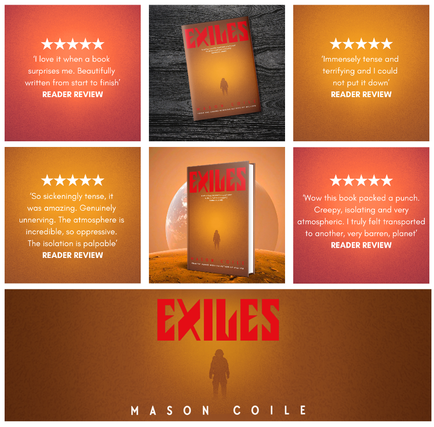 Promo image for Exiles with excerpts from reviews and shots of the hardcover edition
